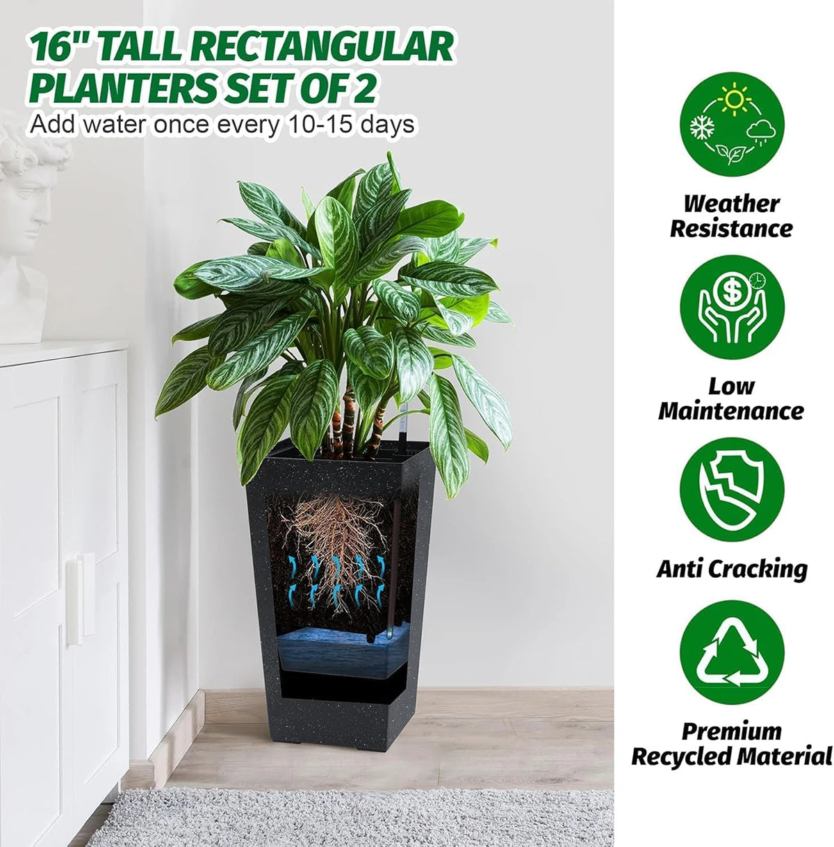 Twister Rectangular Planters With Drainage And Water Level Monitor