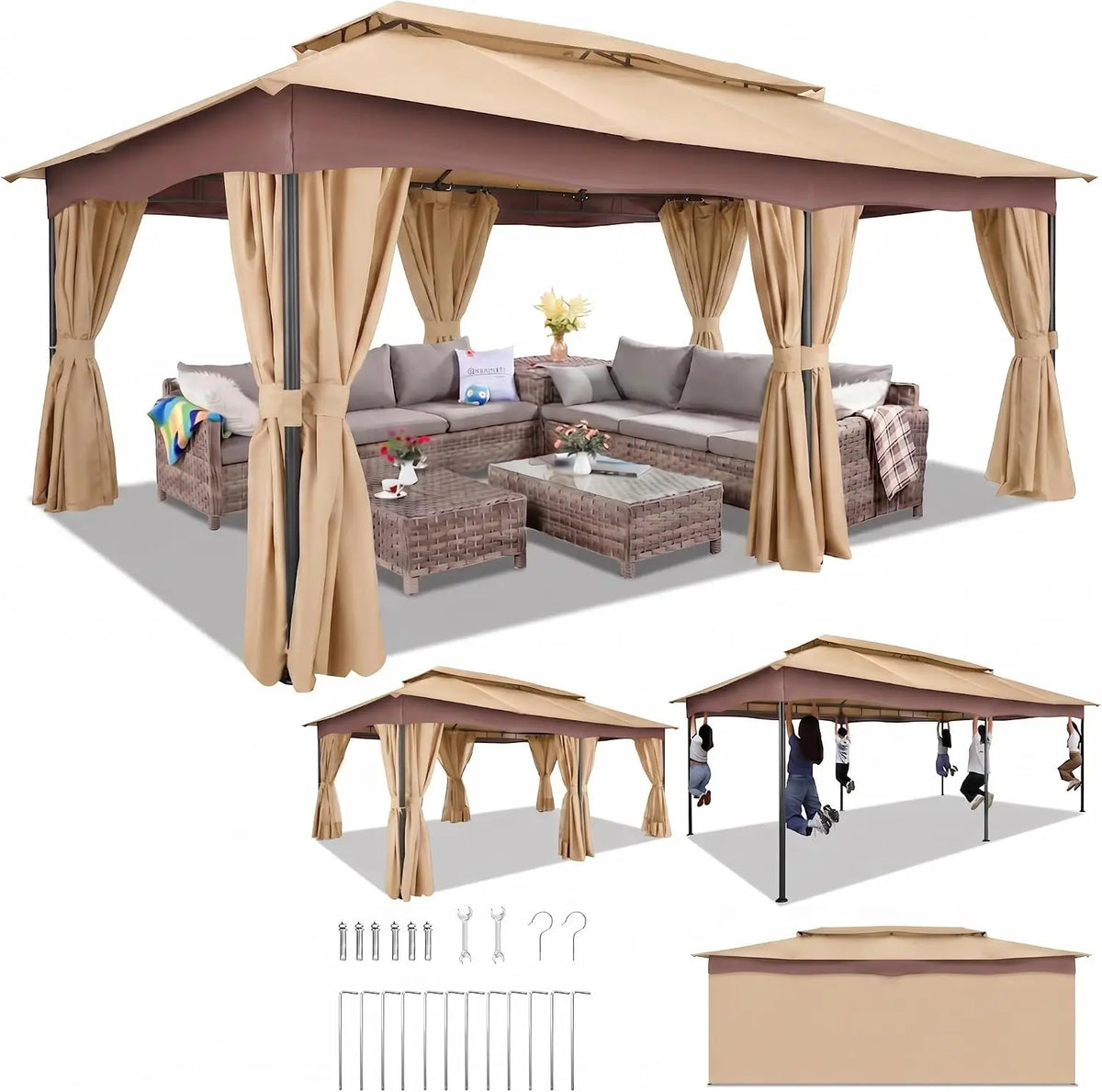 Tooluck Outdoor Gazebo With Curtains And Vented Double Roof Canopy