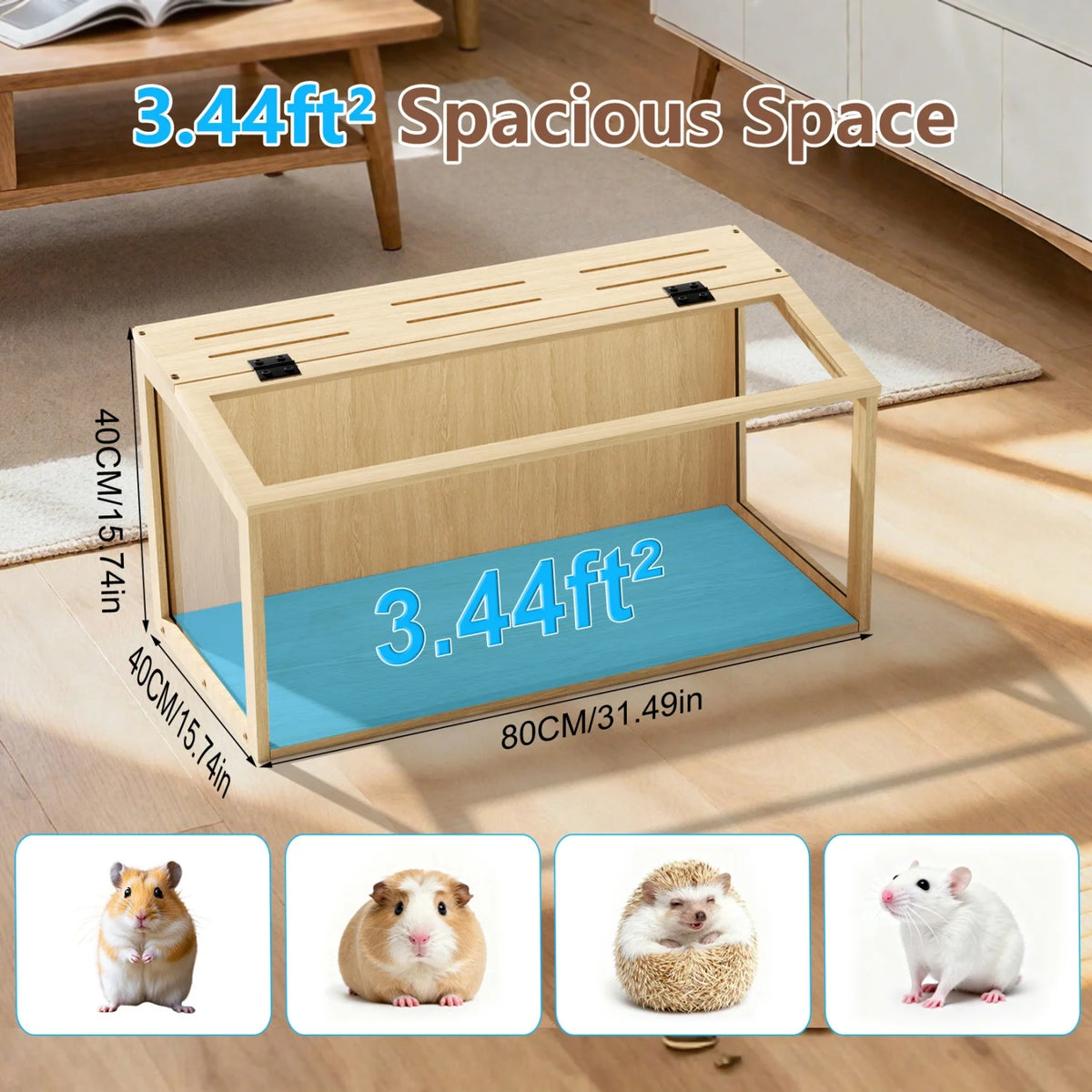 Wooden Chewproof Hamster Cage with Tempered Glass and LED Lighting