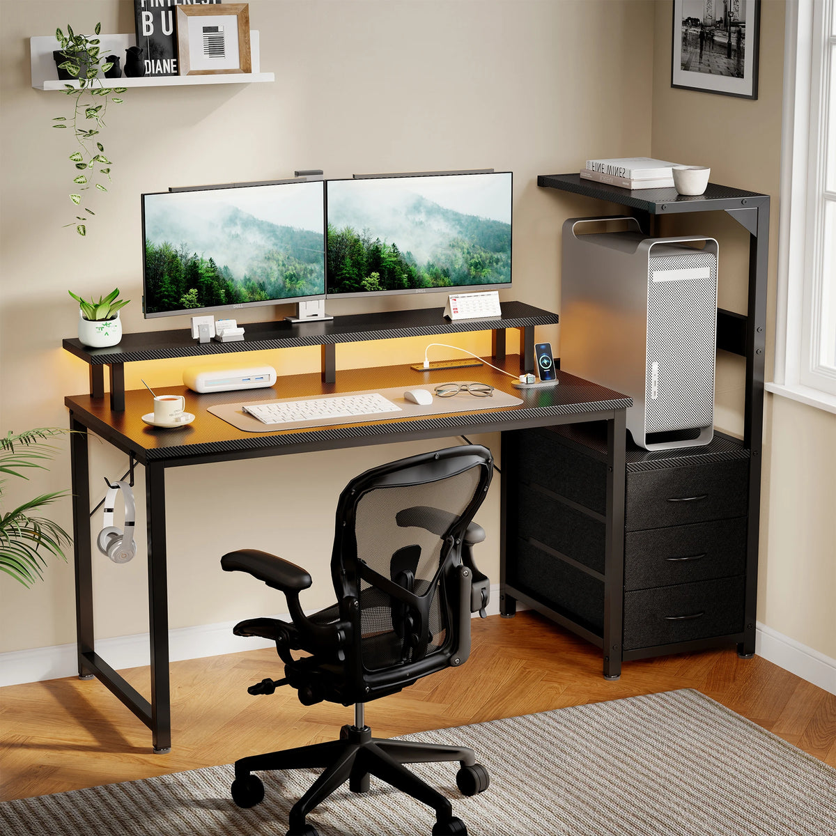 JHK Gaming Desk 3 Storage Drawers Led Lights Power Outlet