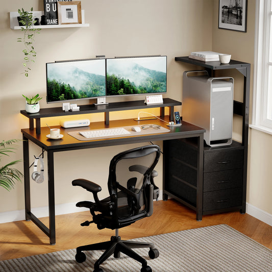 JHK Gaming Desk 3 Storage Drawers Led Lights Power Outlet
