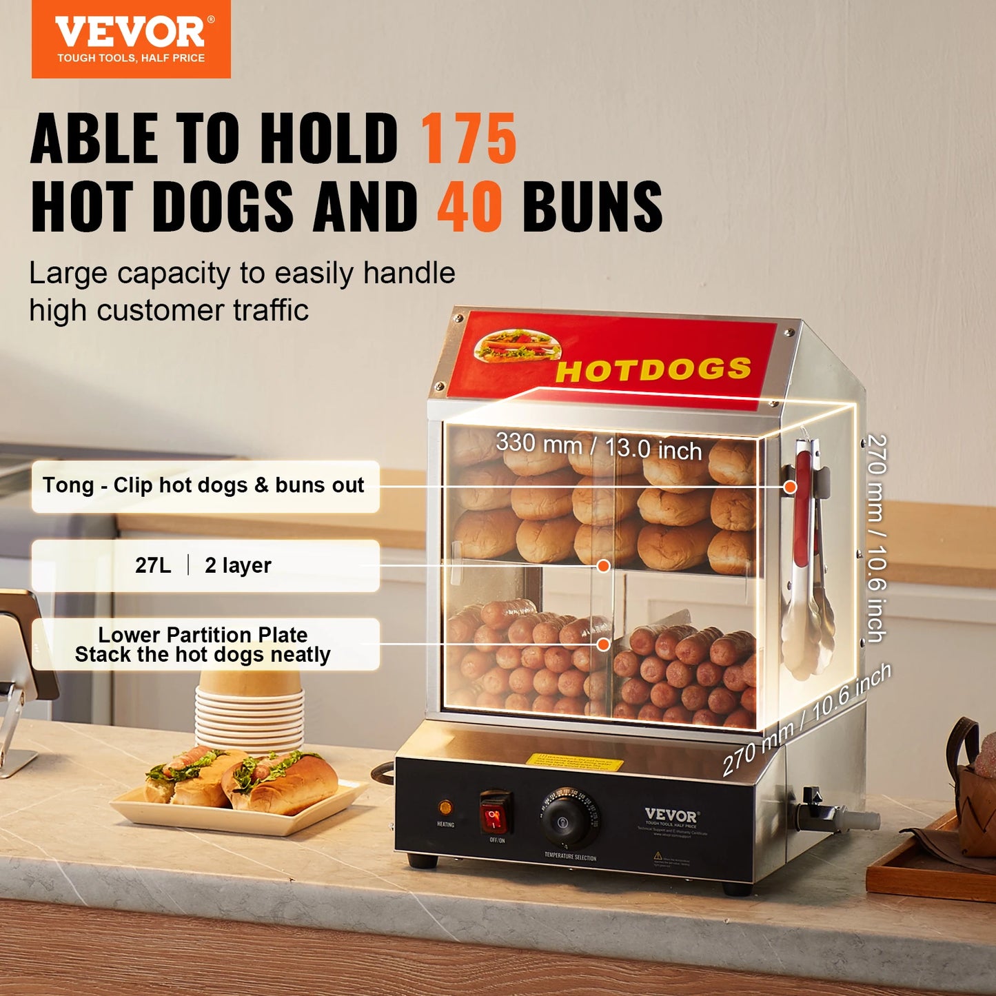 VEVOR Hot Dog Steamer 2 Tiers With Temperature Control