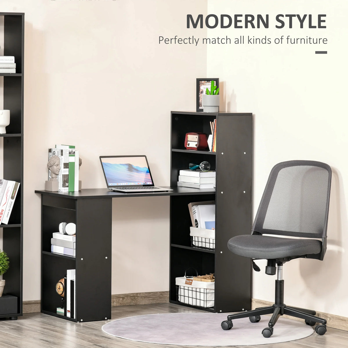 HOMCOM Modern Home Office Desk with 6-Tier Storage Shelves, 47" Writing Desk with Bookshelf, Black