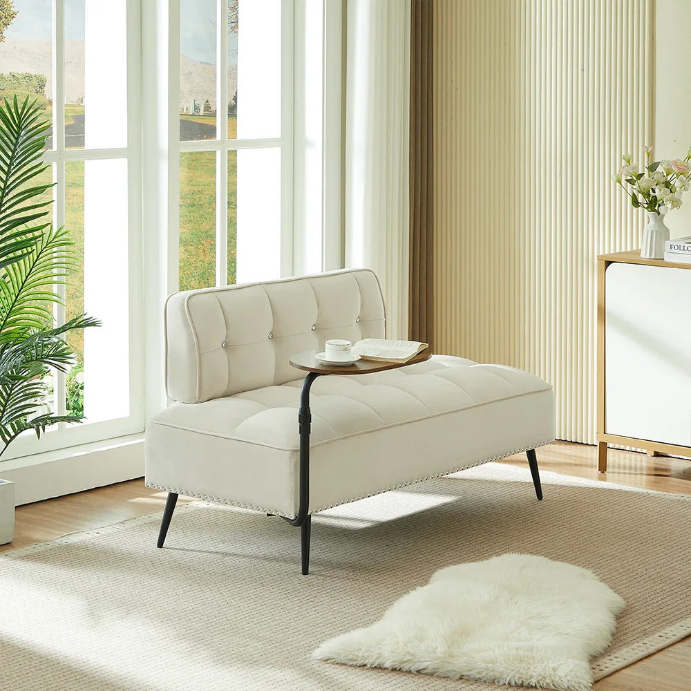 Modern Armless Velvet Sofa With Integrated Rotating Side Table