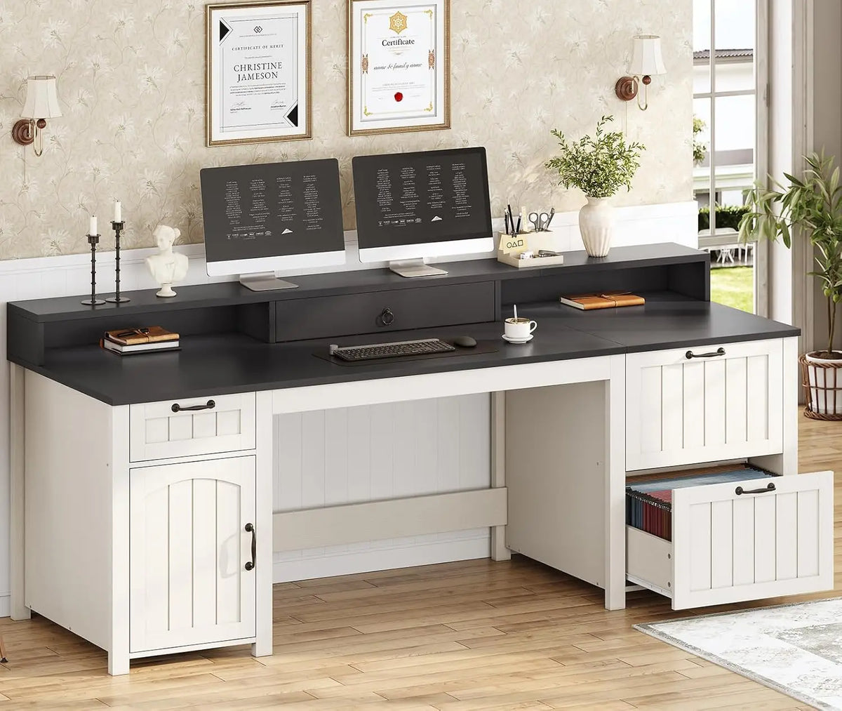 Farmhouse Office Desk With File Drawers And Monitor Stand