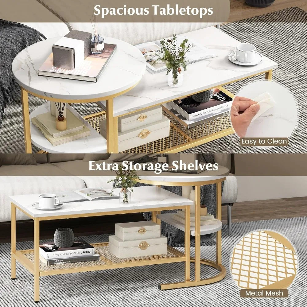 Modern Nesting Coffee Tables With Faux Marble And Metal Frames