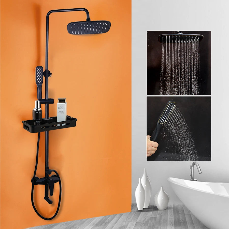 SINLAKU Bathroom Rainfall Shower Mixer Set With Storage Shelf
