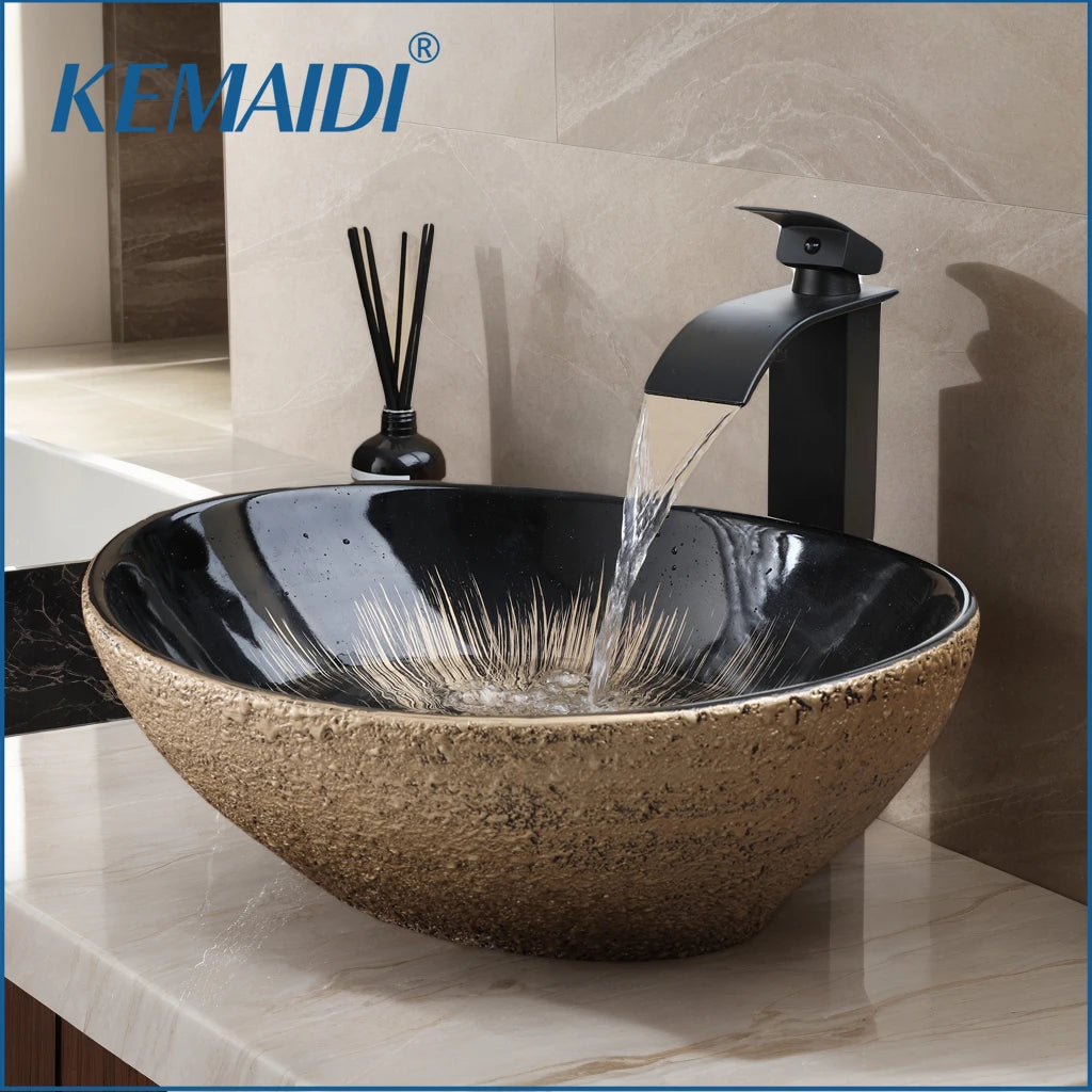 MEKKHALA Kemaidi Oval Vessel Sink With Faucet Above Counter