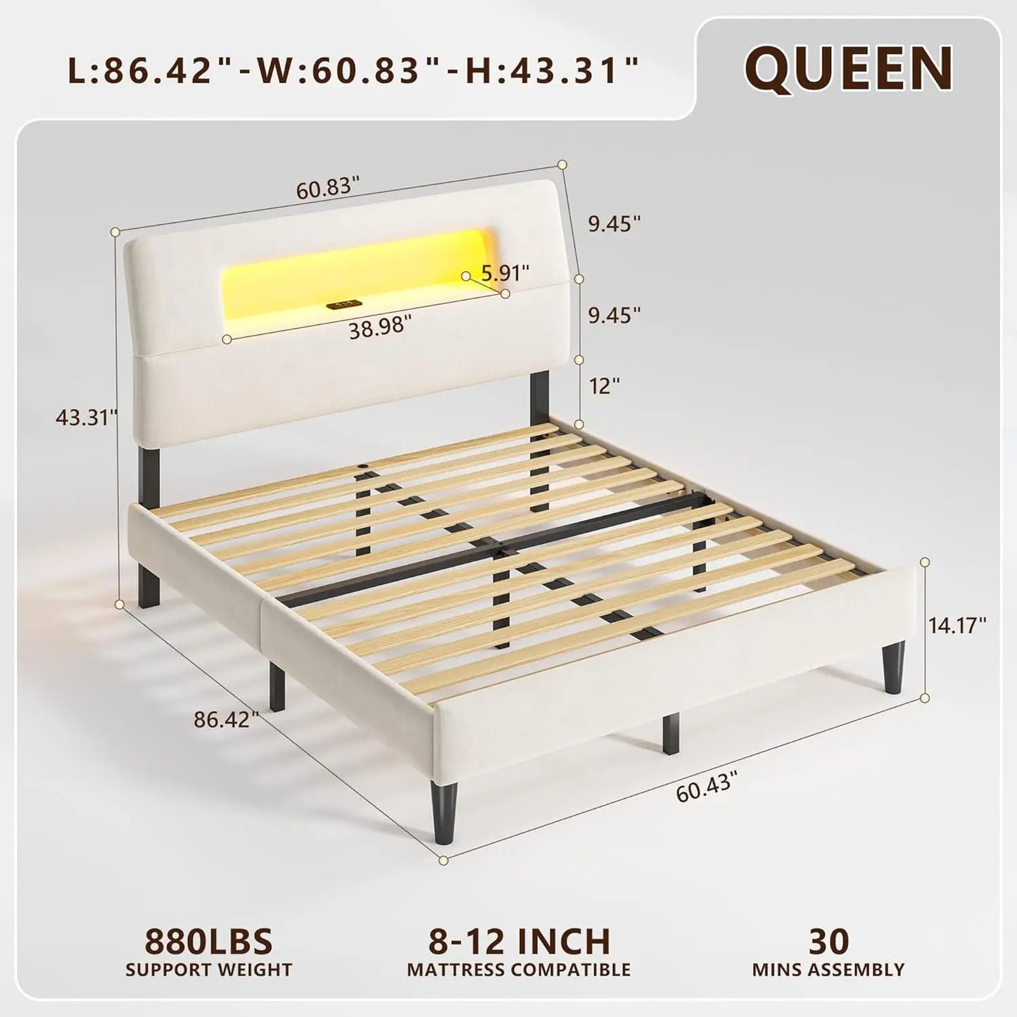 Bed Frame With Ergonomic Storage Headboard LED Lights And Charging