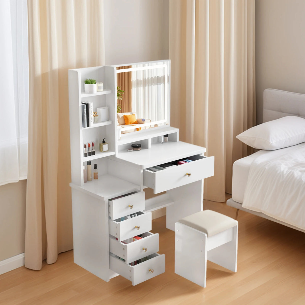 Makeup Vanity Desk With Lighted Mirror, Drawers, Stool And Shelves