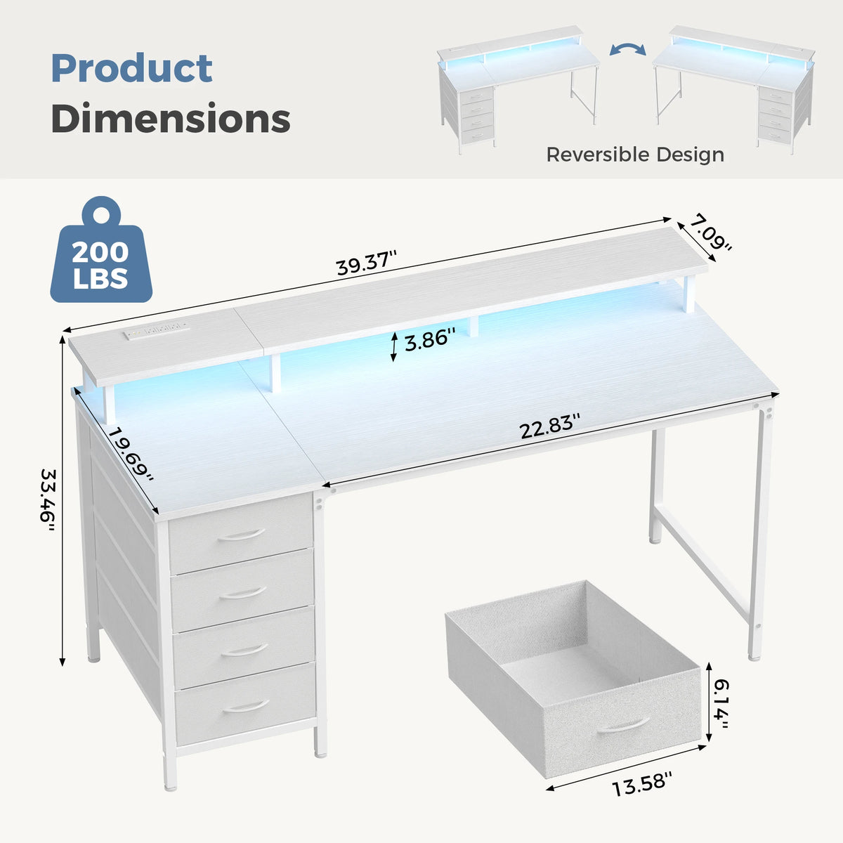 JHK Gaming Computer Desk With Storage Drawers And LED Lighting