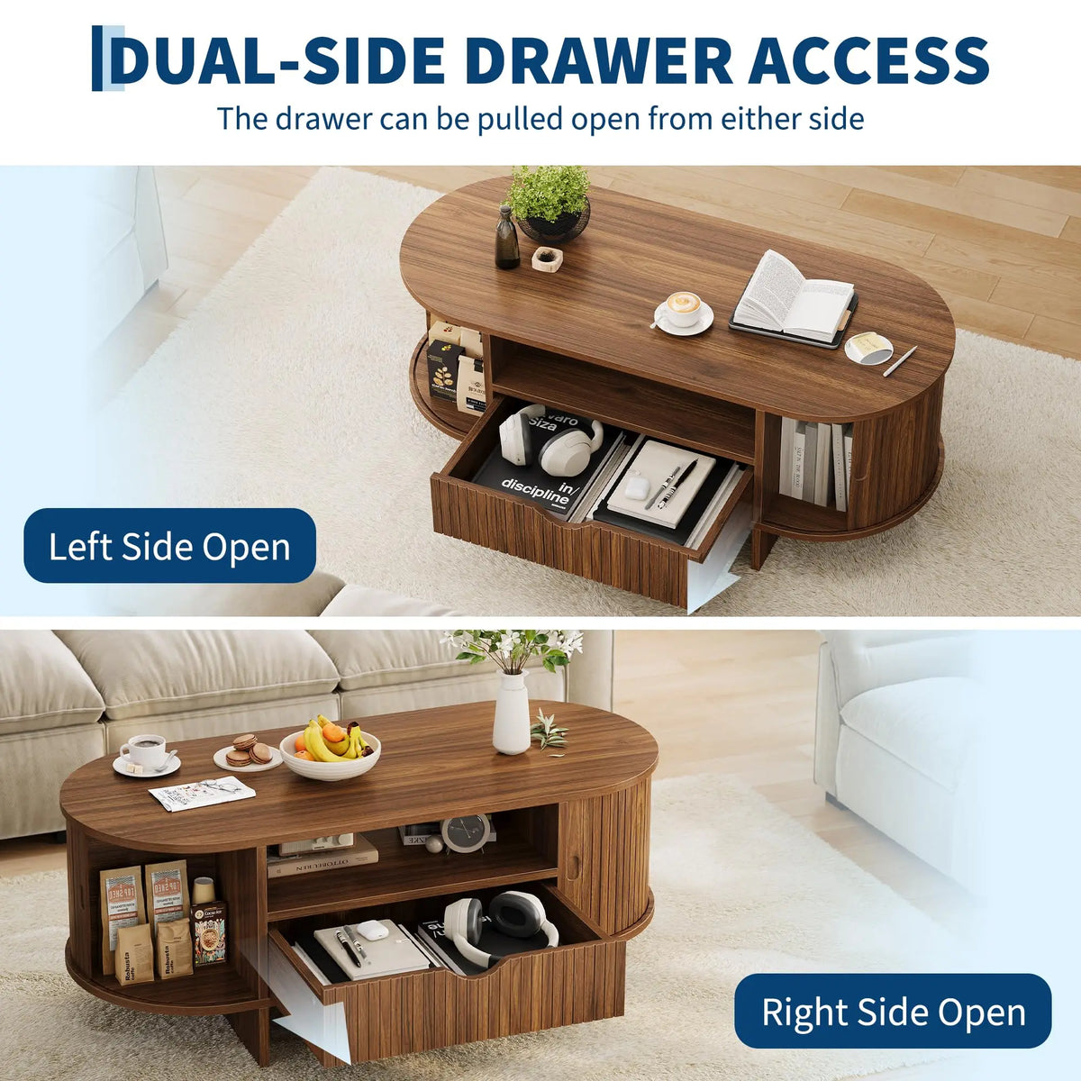 HiMiss Oval Wooden Coffee Table With Storage Drawer Fluted Design