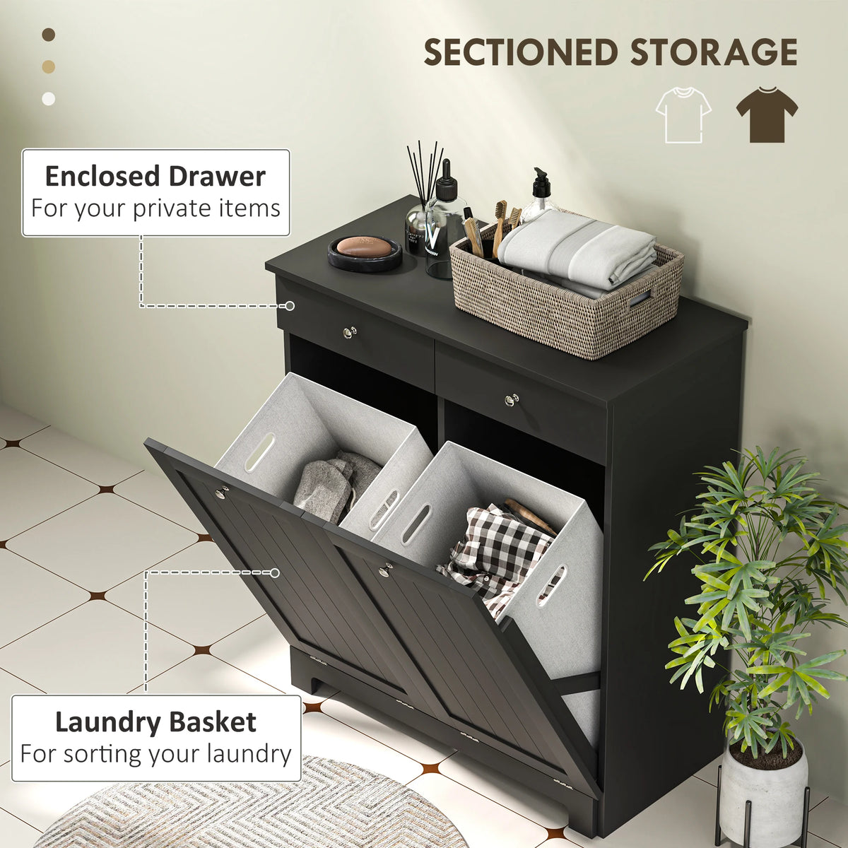 HOMCOM Laundry Cabinet with 2 Removable Baskets, Tilt Out Laundry Hamper with 2 Drawers and 2 Beadboard Doors, Bathroom Hamper Cabinet, Black