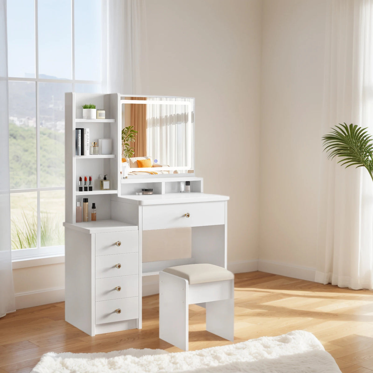 Makeup Vanity Desk With Lighted Mirror, Drawers, Stool And Shelves