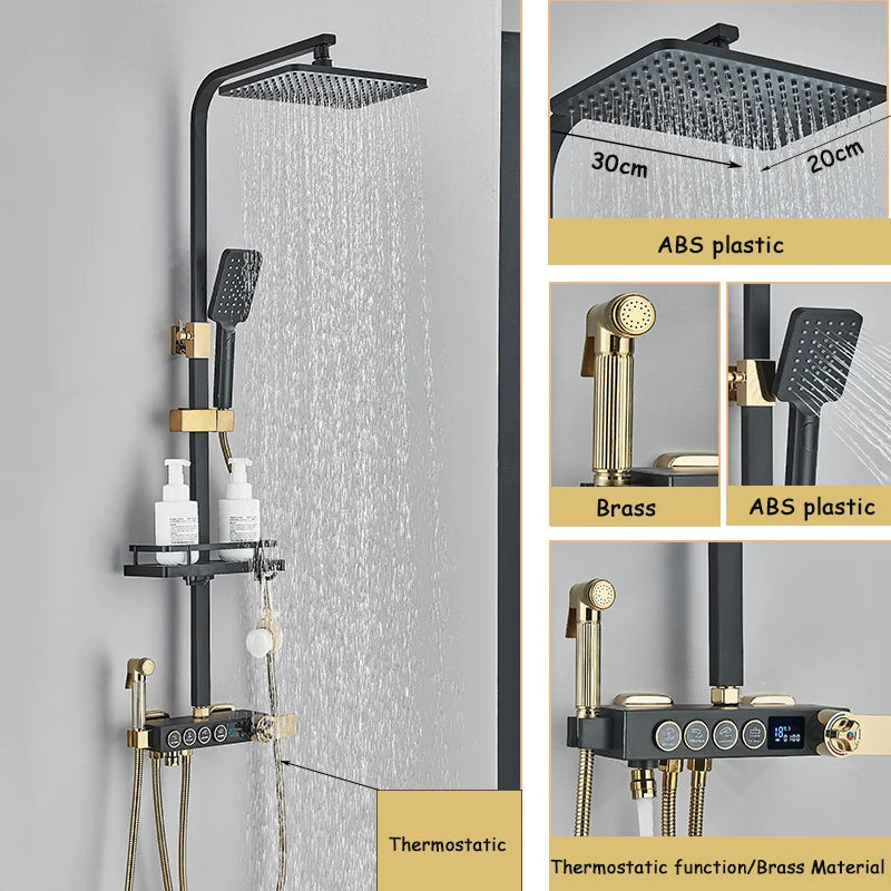 ALENARTWATER Black And Gold Shower Faucet Set With Dual Spray
