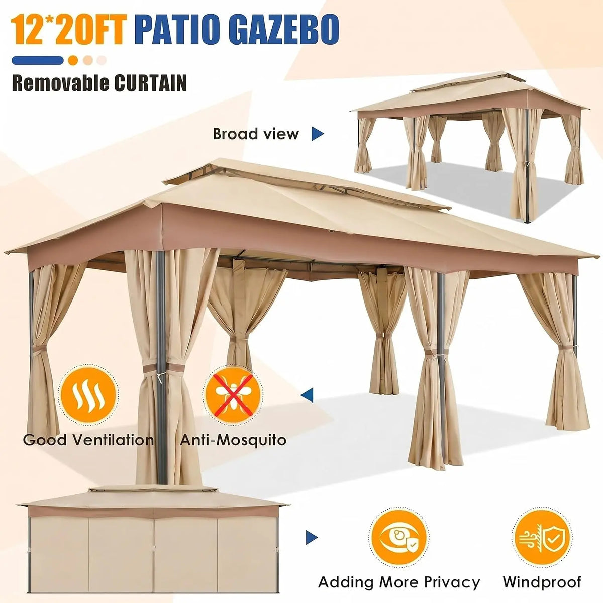 Tooluck Outdoor Gazebo With Curtains And Vented Double Roof Canopy
