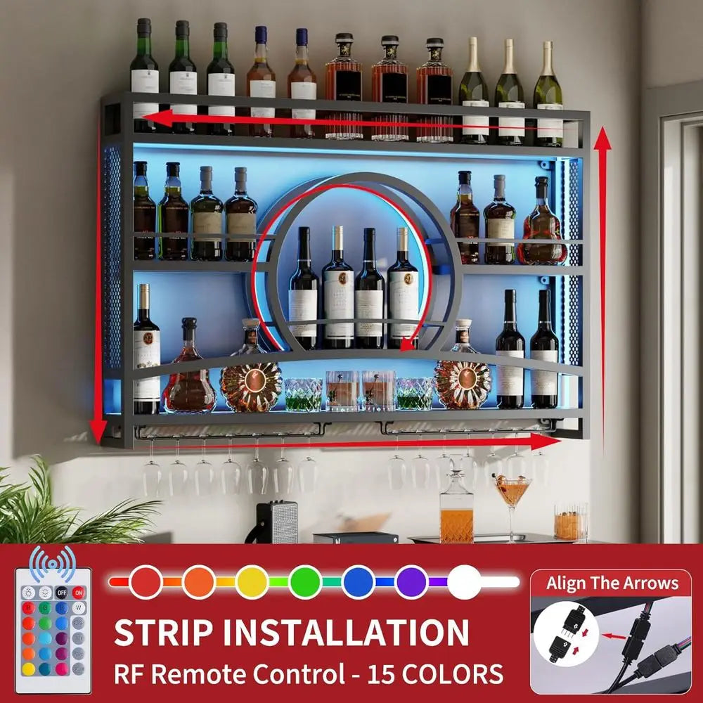 Sunset Shape 46 Inch Wall Mounted Wine Rack With Led Light