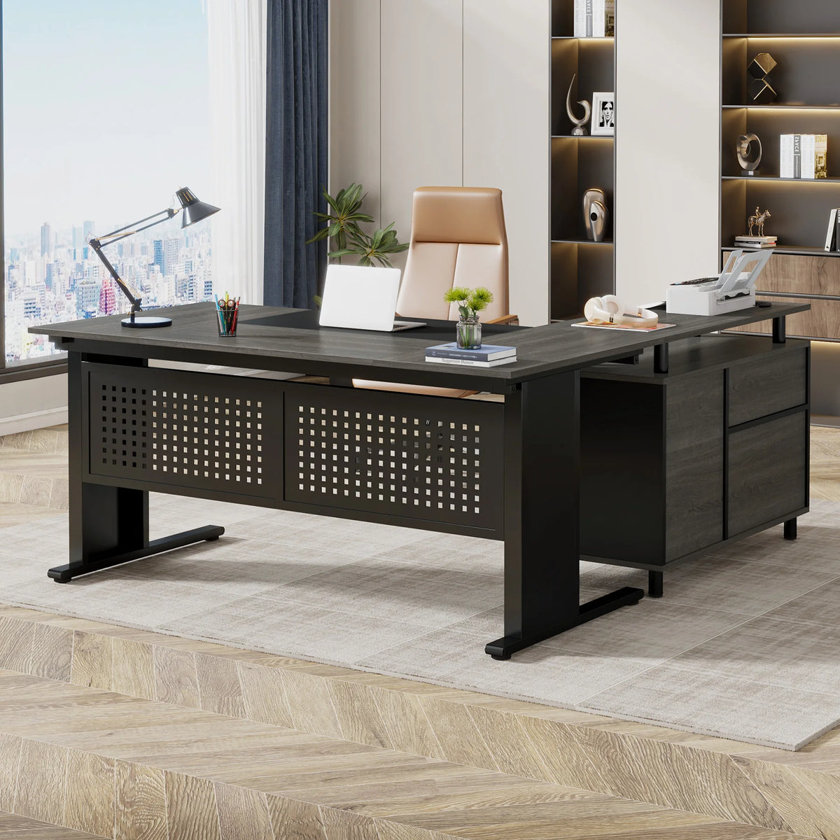 Tribesigns L-Shaped Office Desk with File Cabinet Drawers and Shelves