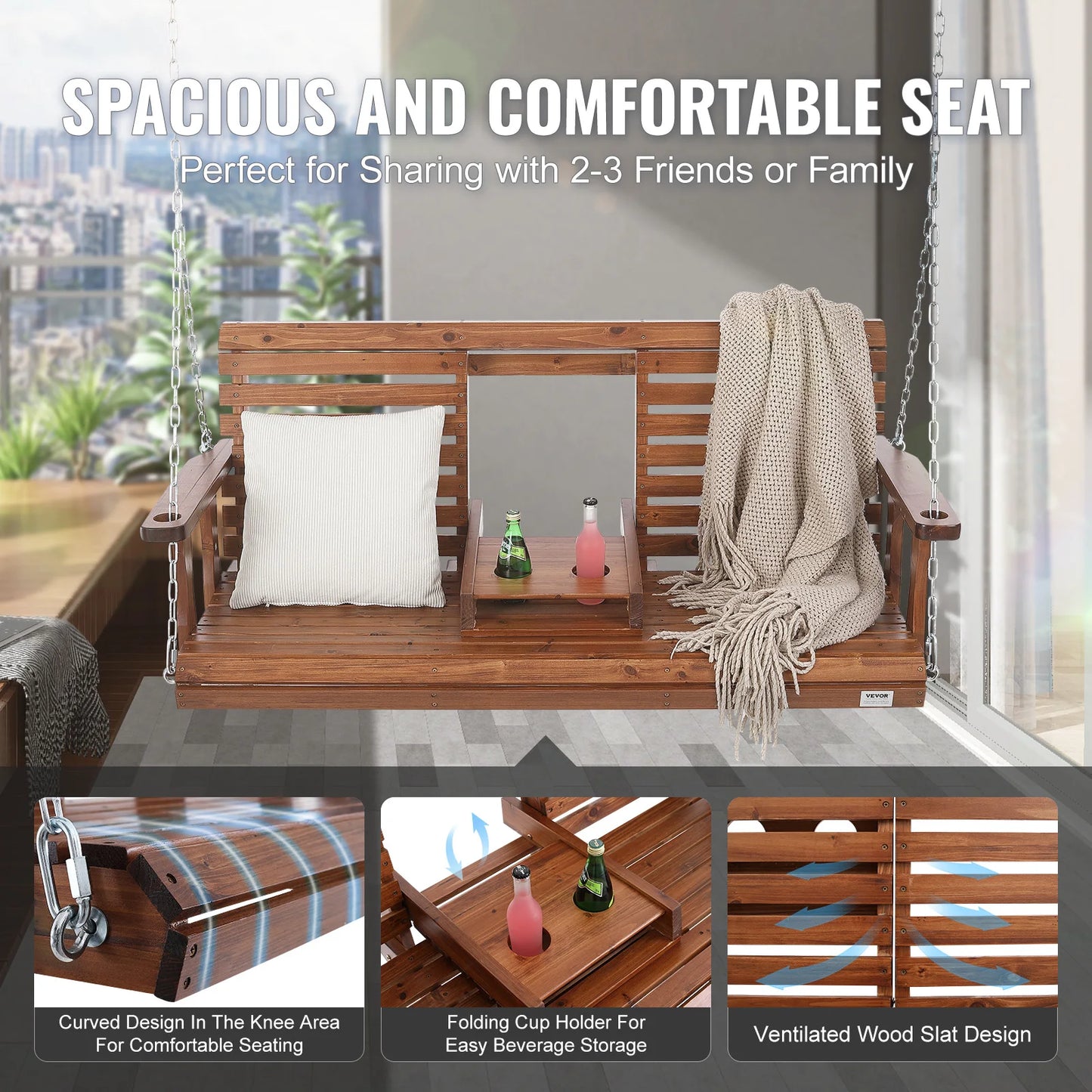 SucceBuy Wooden Porch Swing Outdoor Bench For Courtyard Garden