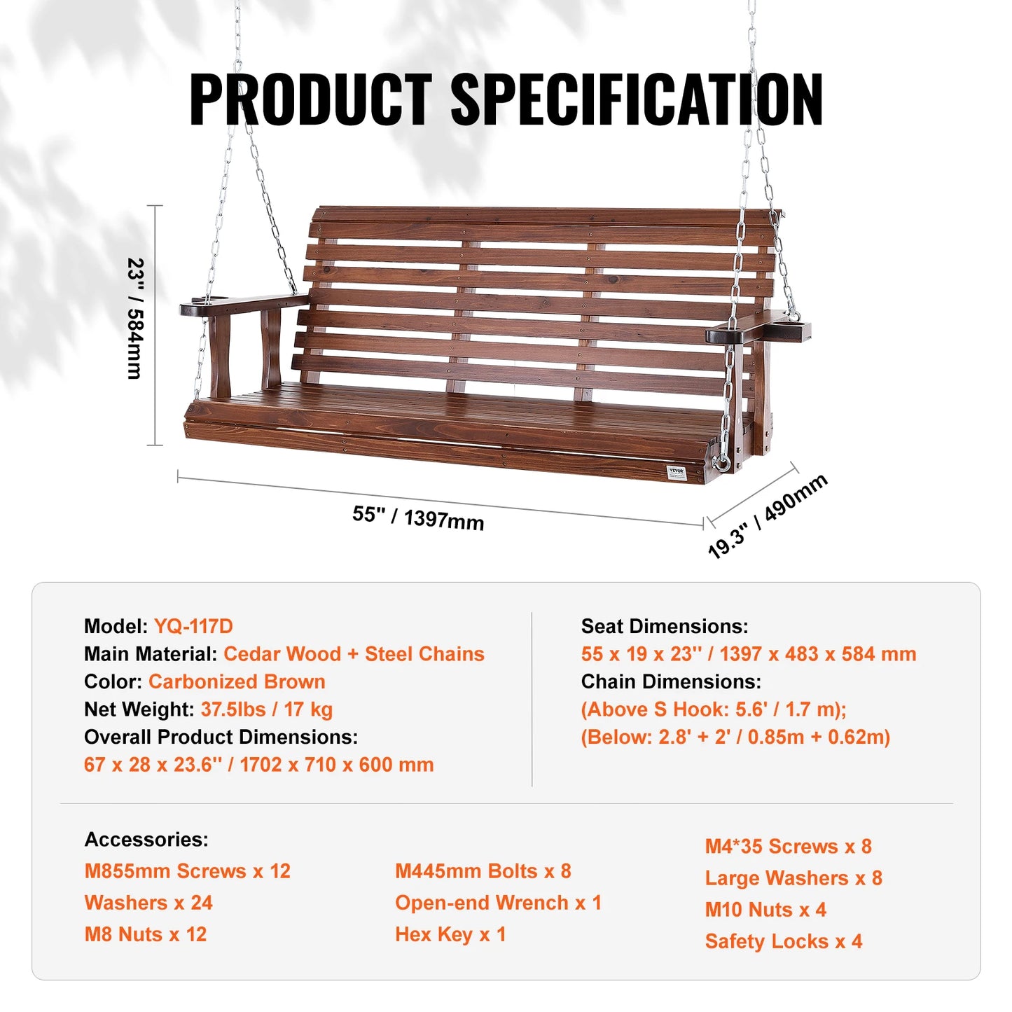 SucceBuy Wooden Porch Swing Outdoor Bench For Courtyard Garden