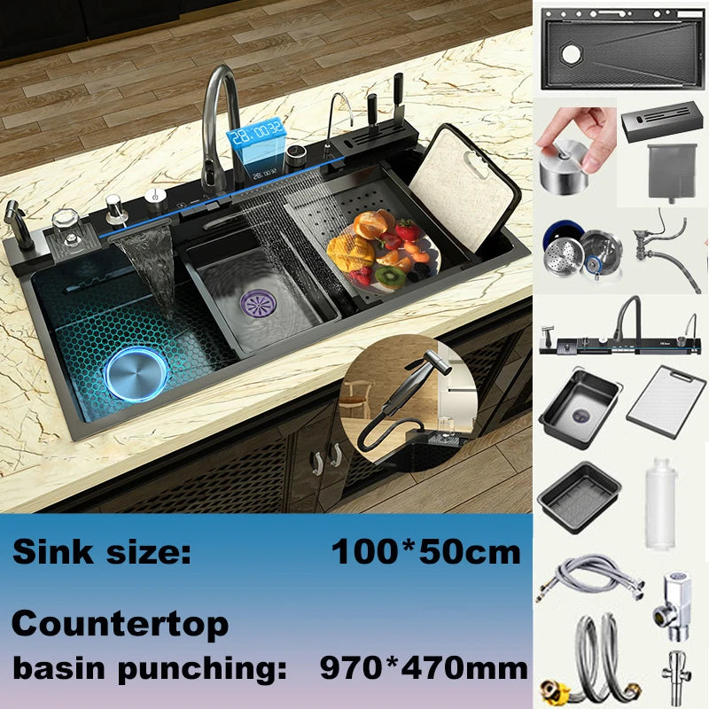 BusySink Modern Stainless Steel Kitchen Sink With Digital Display
