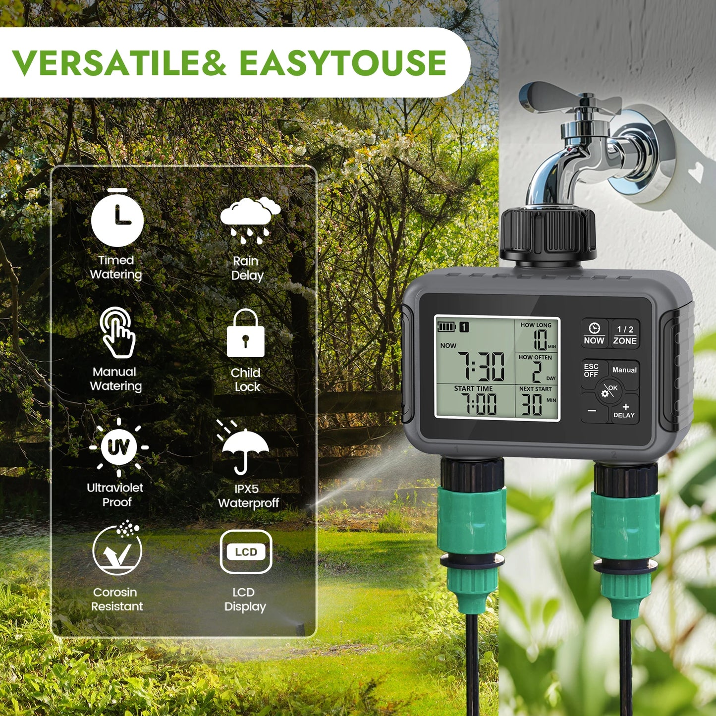 LANRIYUZ Dual Zone Smart LCD Garden Watering Timer