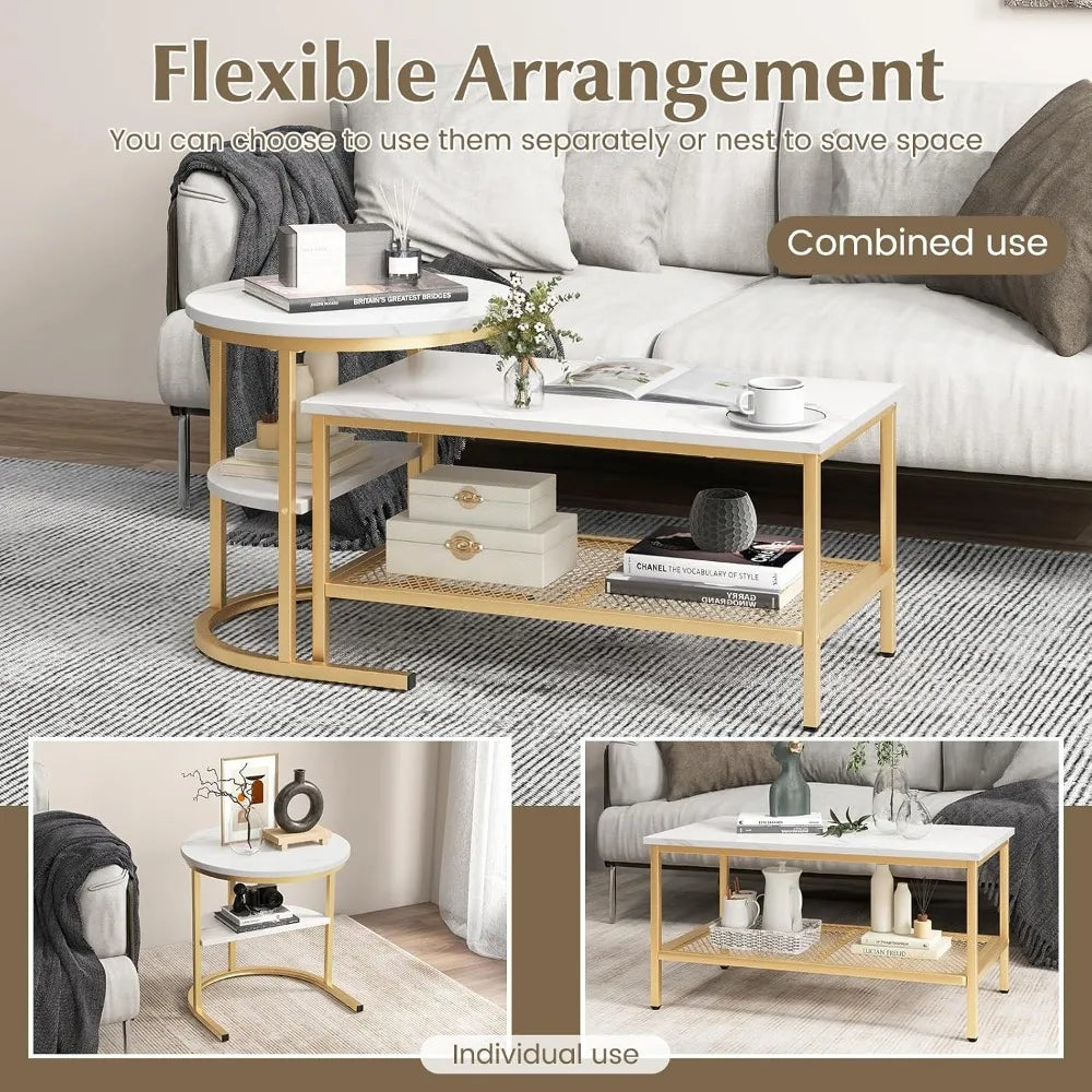 Modern Nesting Coffee Tables With Faux Marble And Metal Frames