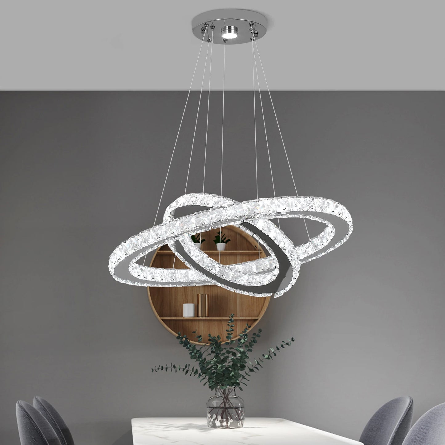 GreeLustr Modern LED Pendant Light Crystal Rings Chandelier
