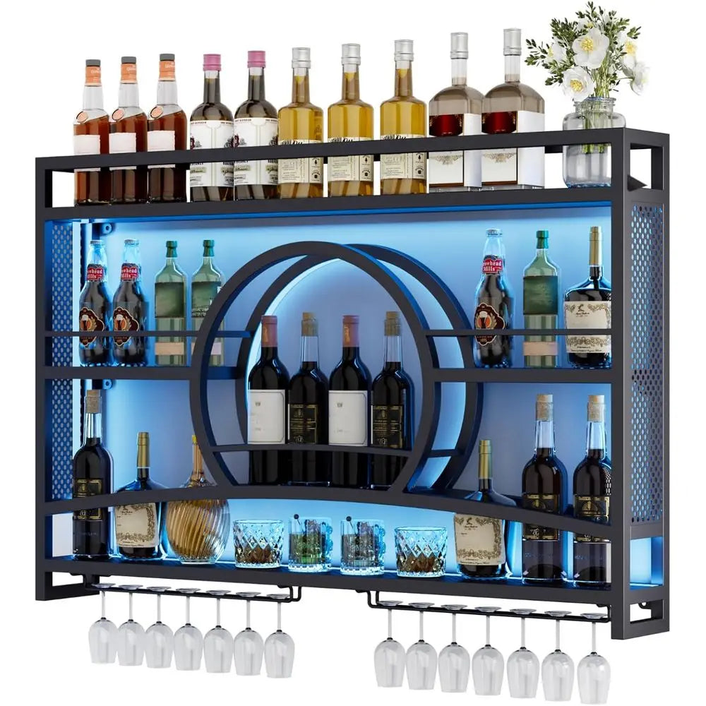 Sunset Shape 46 Inch Wall Mounted Wine Rack With Led Light