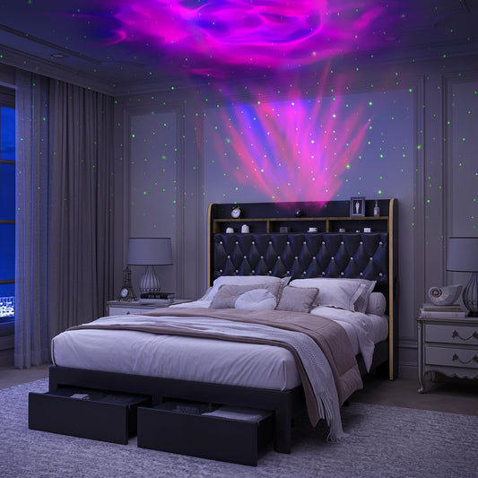 SIBEDS Upholstered Platform Bed Frame With LED Lights And Storage