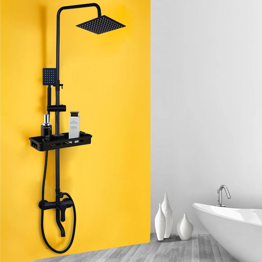 SINLAKU Bathroom Rainfall Shower Mixer Set With Storage Shelf