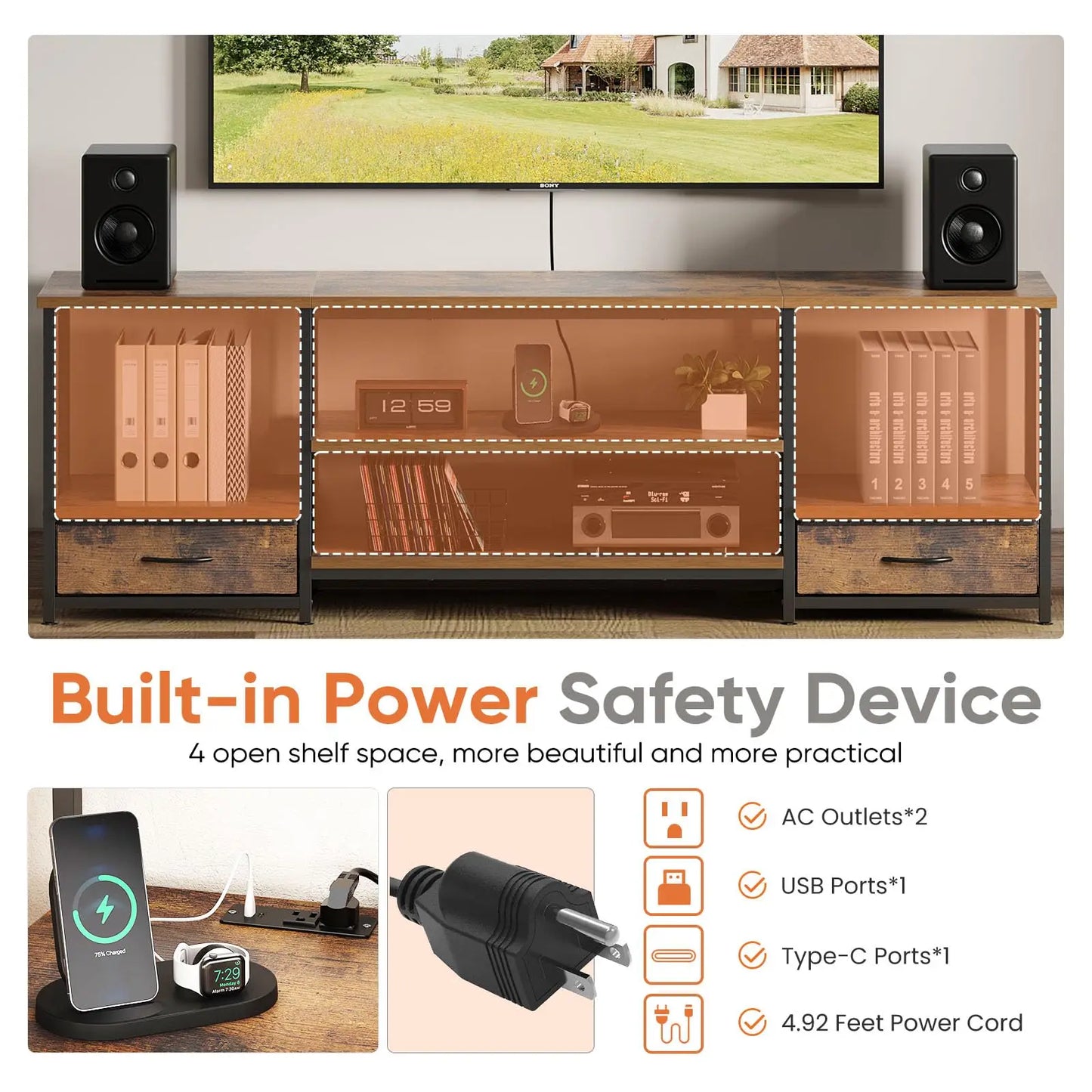 JHK Wood TV Stand Entertainment Center With Adjustable Shelves