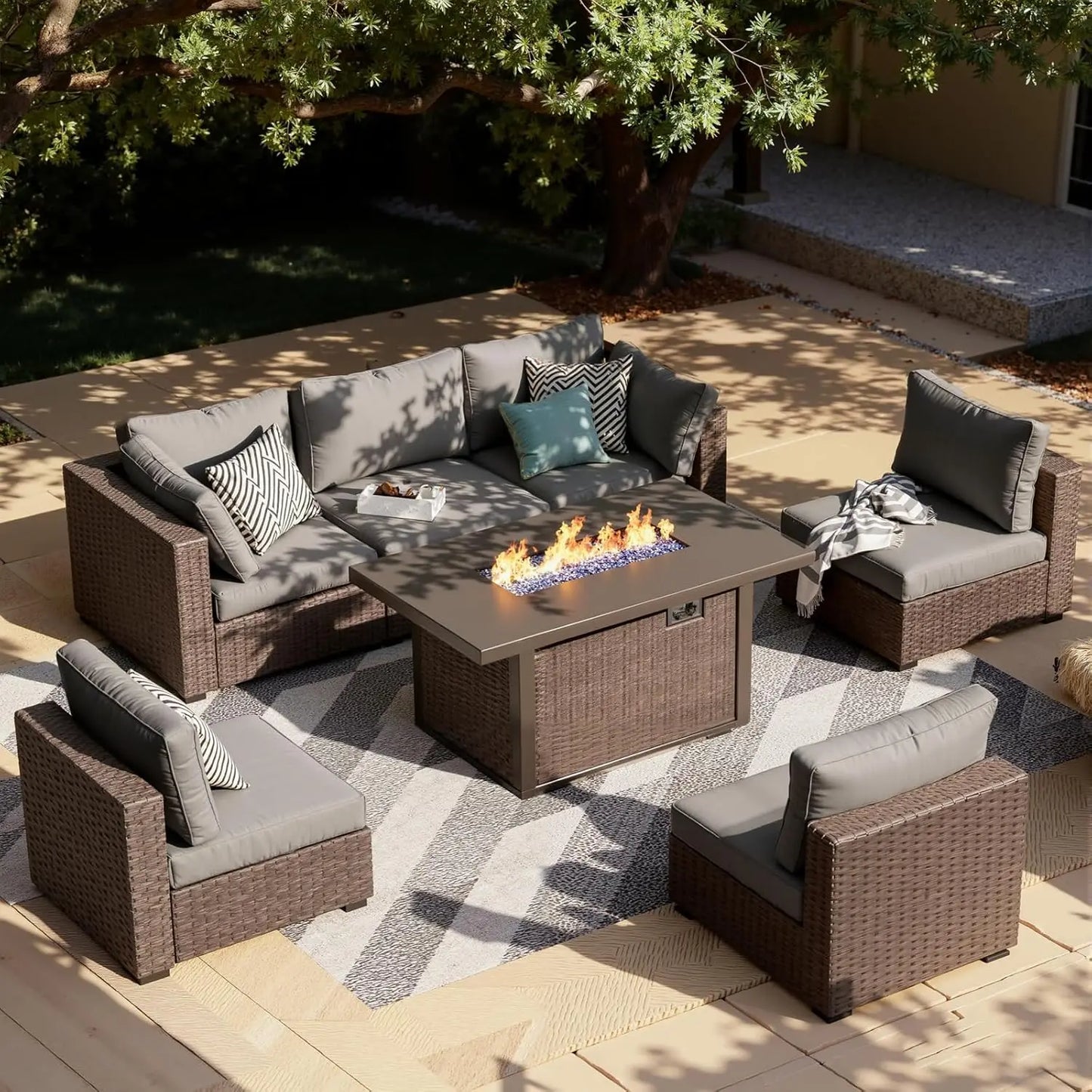 XIAOLANG 7-Piece Outdoor Patio Furniture Set With Fire Pit Table