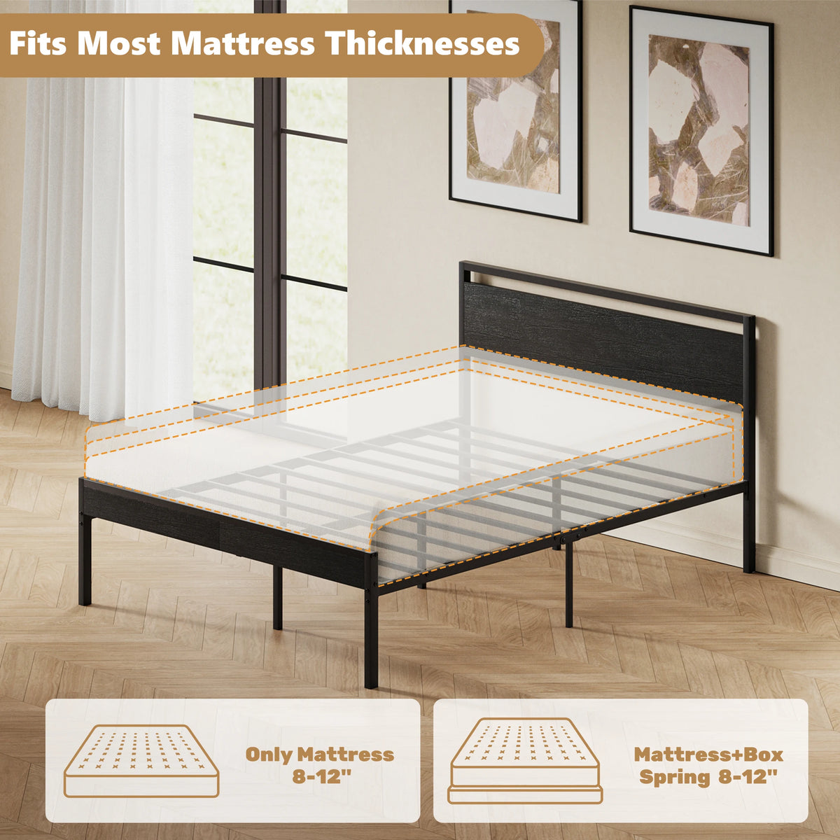JHK Metal Bed Frame With Wood Headboard Heavy Duty Platform