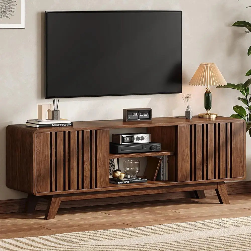 63-Inch TV Stand or TVs up to 75 Inch, -Century ern Teion Stand with Power Outlet, Entertainment Center with Sliding Grille Door