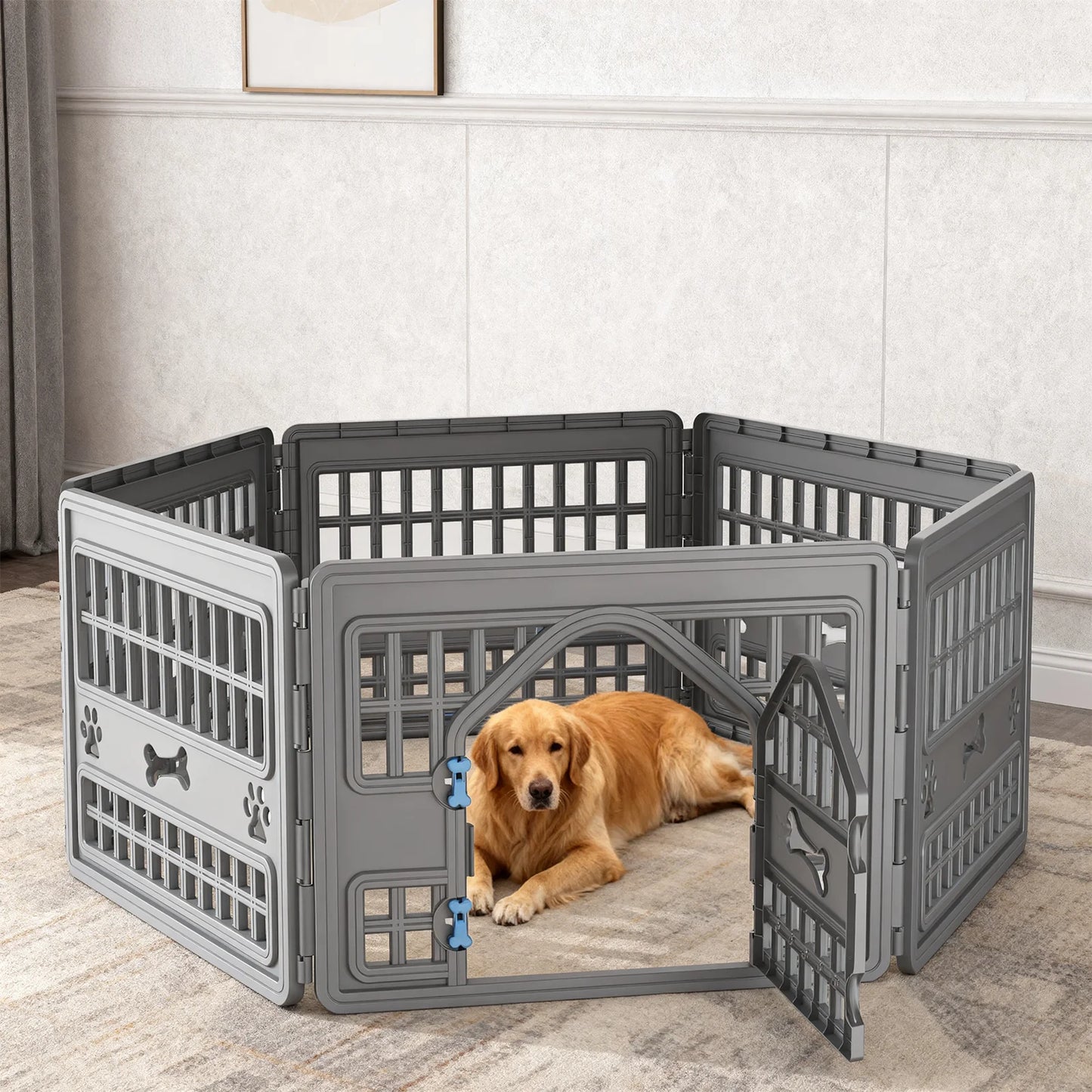 Foldable Six-Panel Hexagonal Plastic Dog Playpen With Door