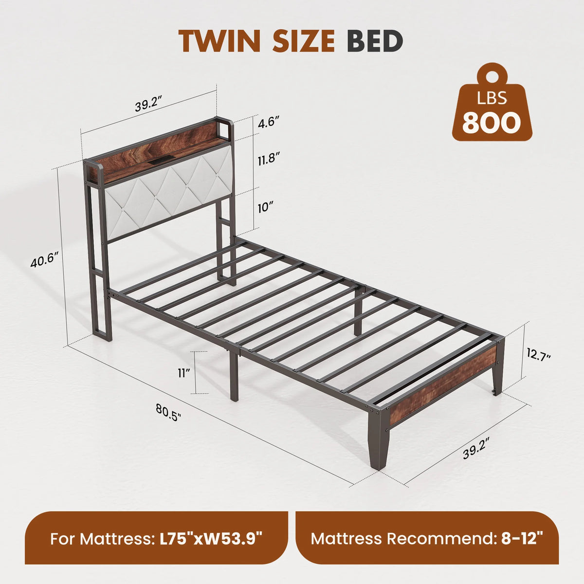 JHK Metal Bed Frame With Storage And Charging Station