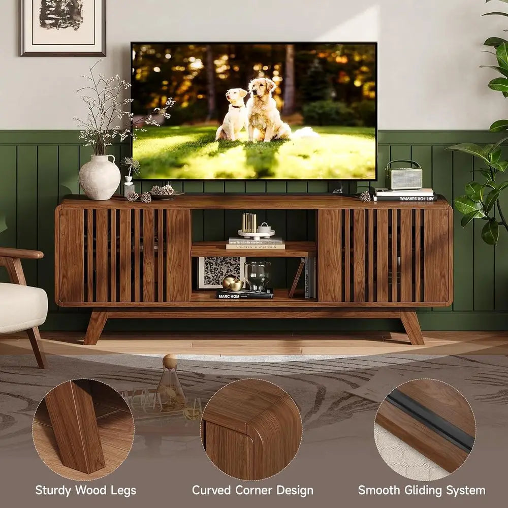 63-Inch TV Stand or TVs up to 75 Inch, -Century ern Teion Stand with Power Outlet, Entertainment Center with Sliding Grille Door