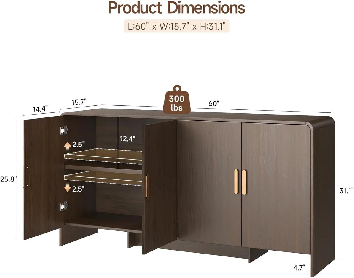 ONBRILL Mid-Century Sideboard Cabinet With Adjustable Shelves Storage