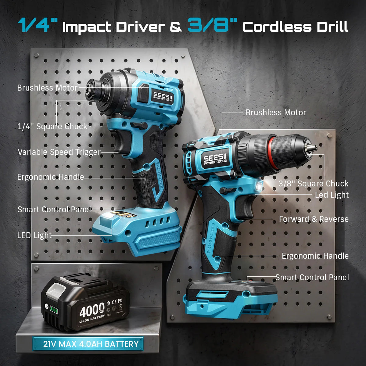 Seesii Cordless Brushless Drill And Impact Driver Combo