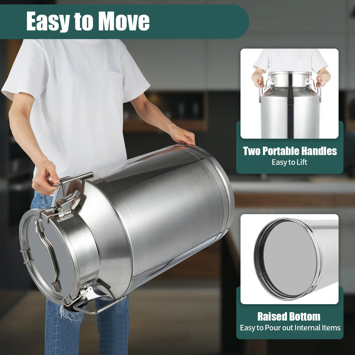Milk Can, 60L Stainless Steel Milk Bucket, Durable Non-Magnetic 201 Stainless Steel, Silicone Seal, Leak-Proof, Household Kitchen Storage Container