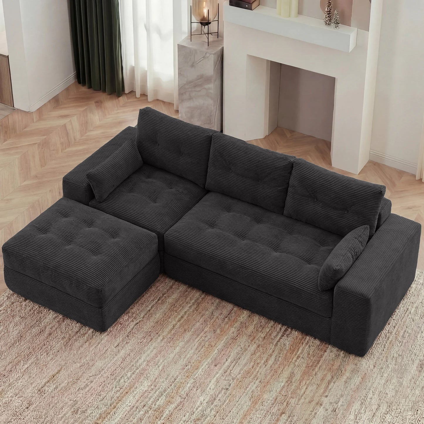Modular L Shaped Sectional Sofa With Ottoman Corduroy Fabric