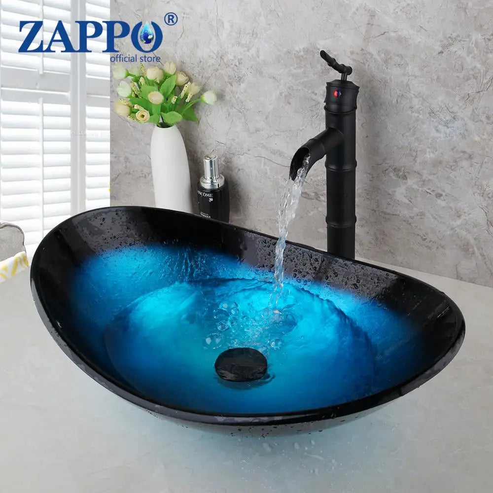 Mekkhala Oval Blue Tempered Glass Vessel Sink With Waterfall Faucet