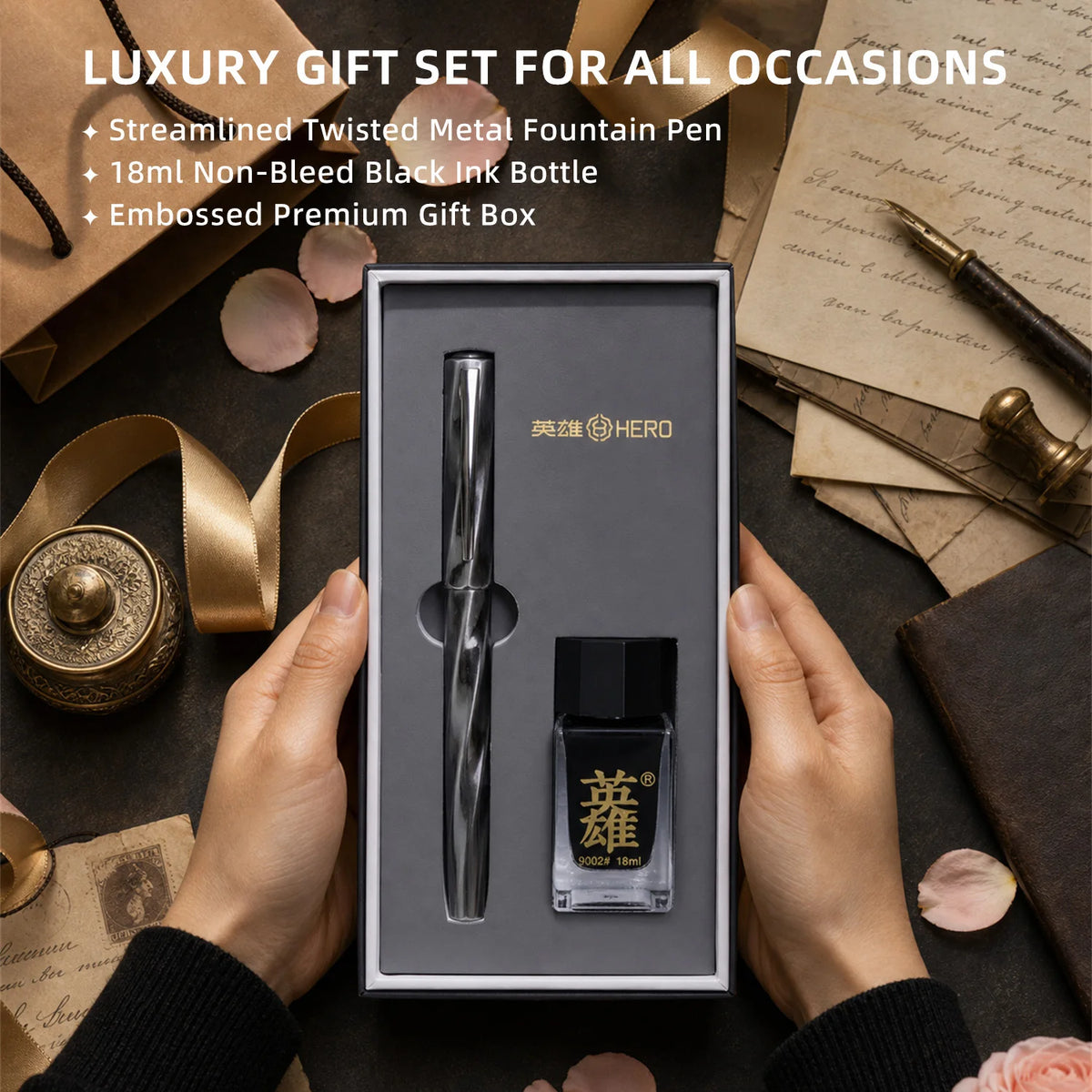 Hero E505A Fountain Pen Gift Set Featuring Elegant Metal Design