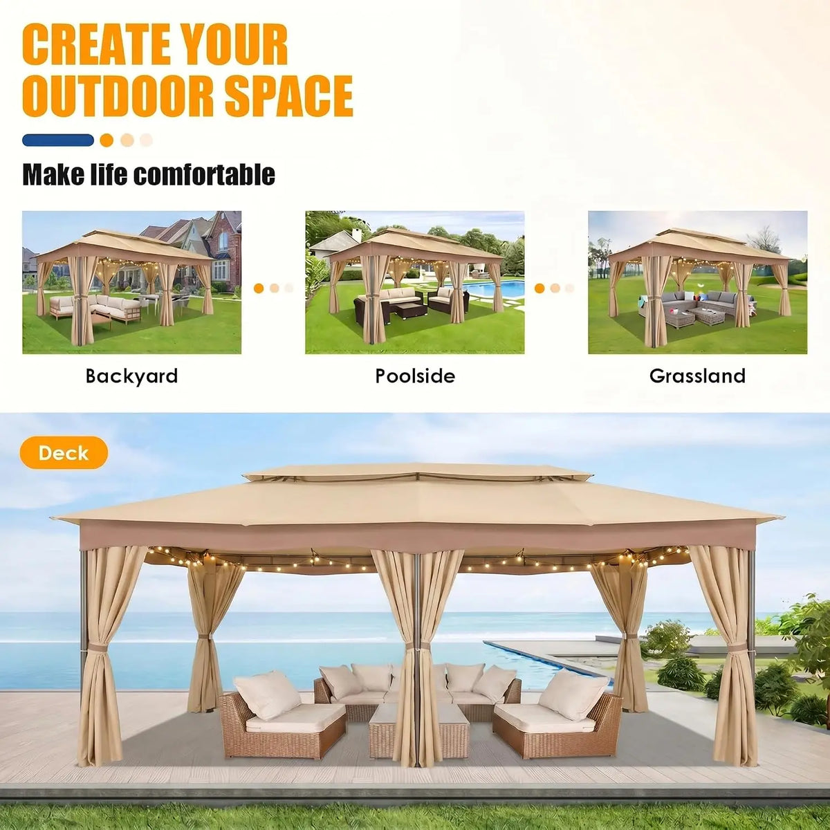 Tooluck Outdoor Gazebo With Curtains And Vented Double Roof Canopy