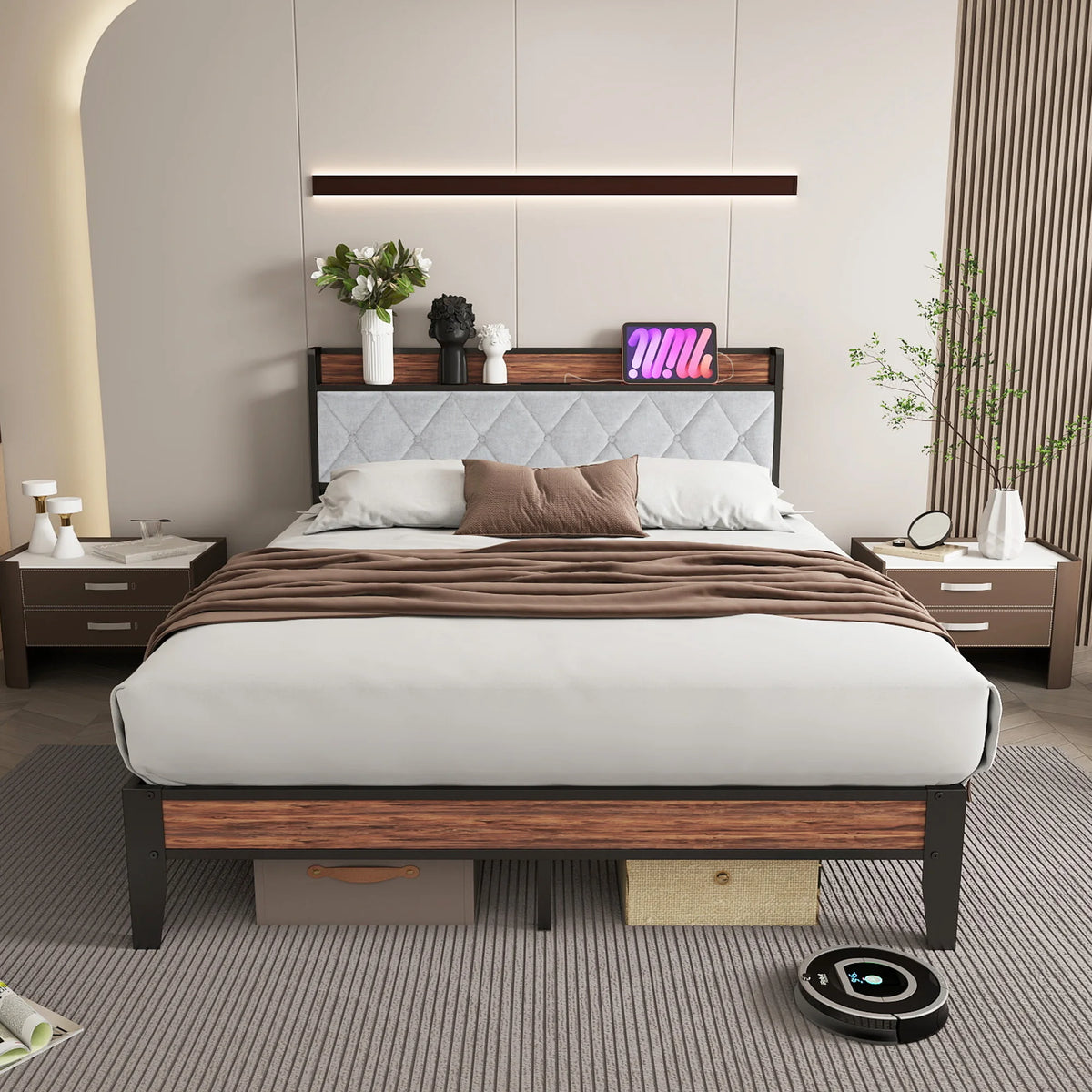 JHK Metal Bed Frame With Storage And Charging Station