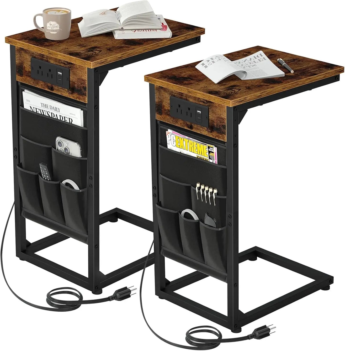 XIUWO C Shaped End Table With USB Charging Station Set