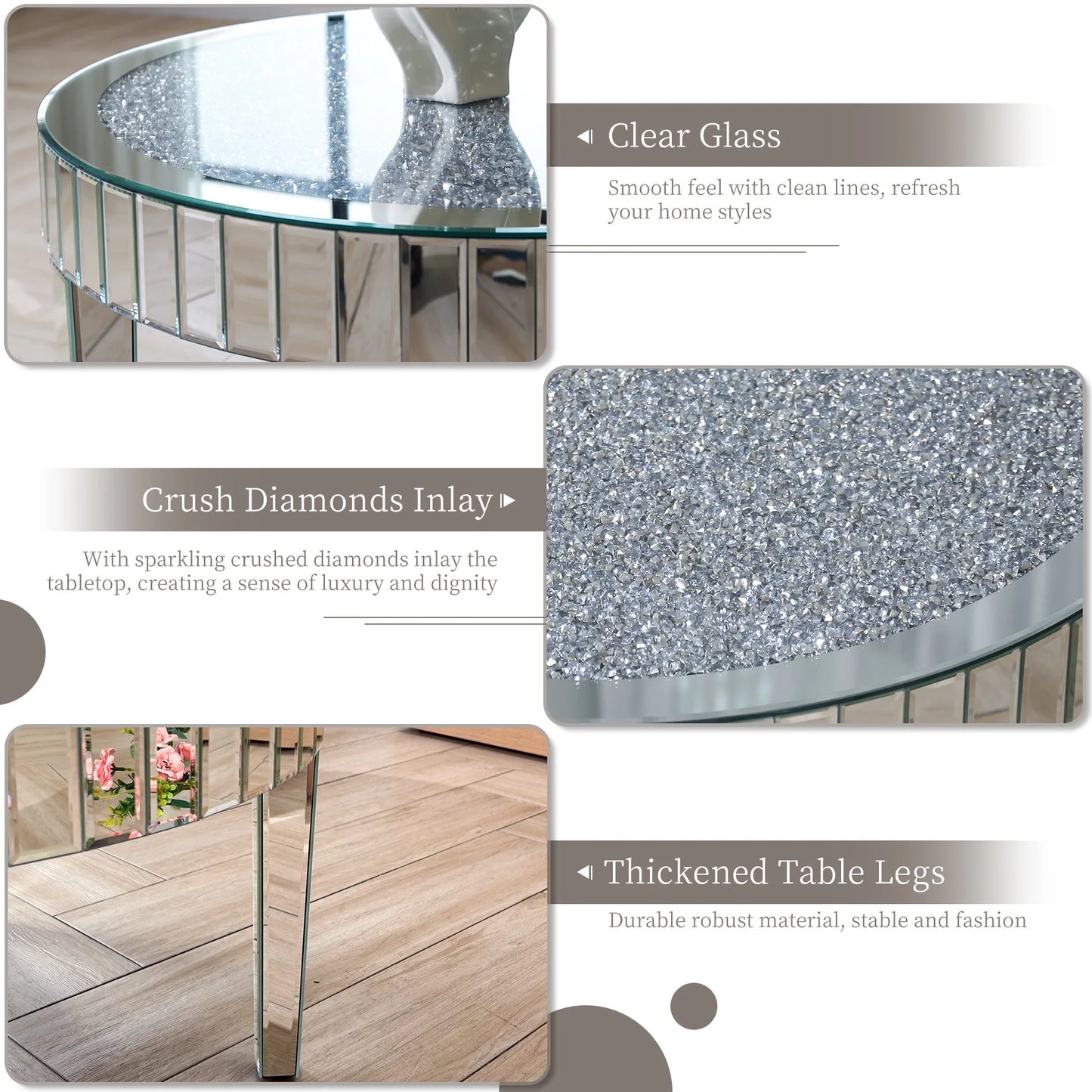 Modern Round Mirrored Coffee Table With Crystal Inlay