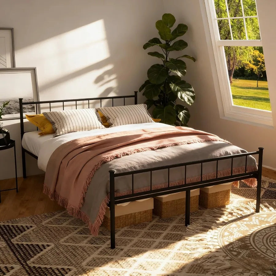 XIUWO Metal Platform Bed Frame Victorian Iron With Underbed Storage