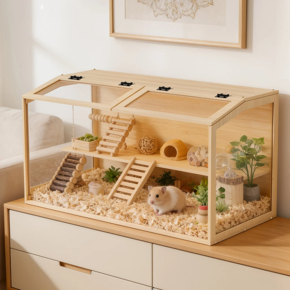 Wooden Chewproof Hamster Cage with Tempered Glass and LED Lighting